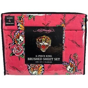 Ed Hardy King Size 6-Piece Sheet Set Pink‎ Skull Rose Tattoo Print 4 Pillowcases